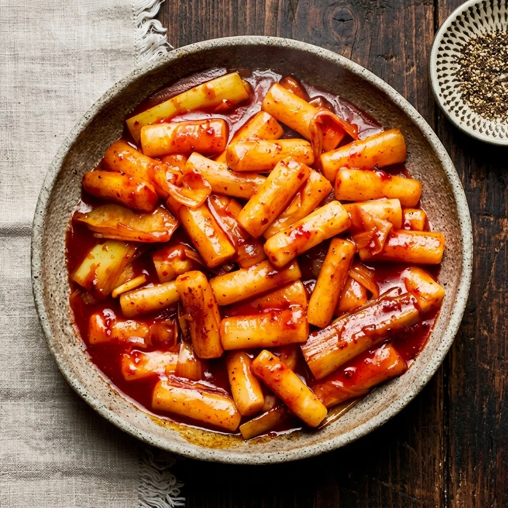 Tteokbokki Korean rice cakes at Snowy Village Pacific Ave, Saskatoon